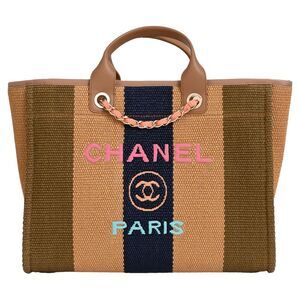 Chanel Large Deauville Striped Shopping Tote Bag in Brown Raffia